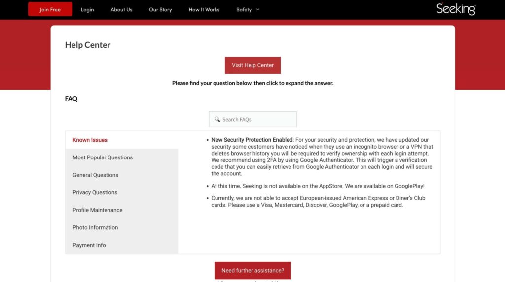 Seekingarrangement support page