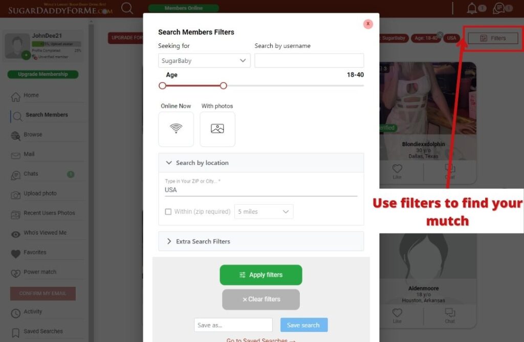 Filters on SugarDaddyForMe